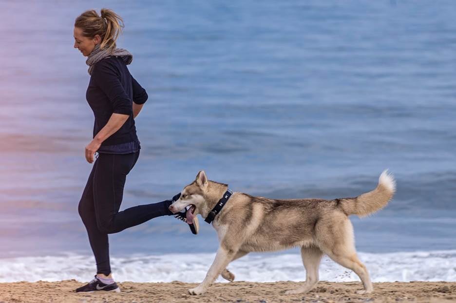 Woman running with pet dog
